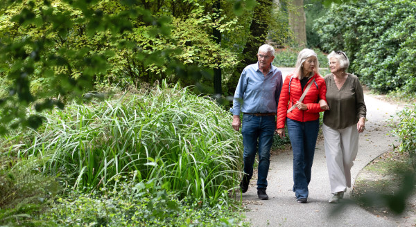 Drie voetgangers wandelen kletsend in het park