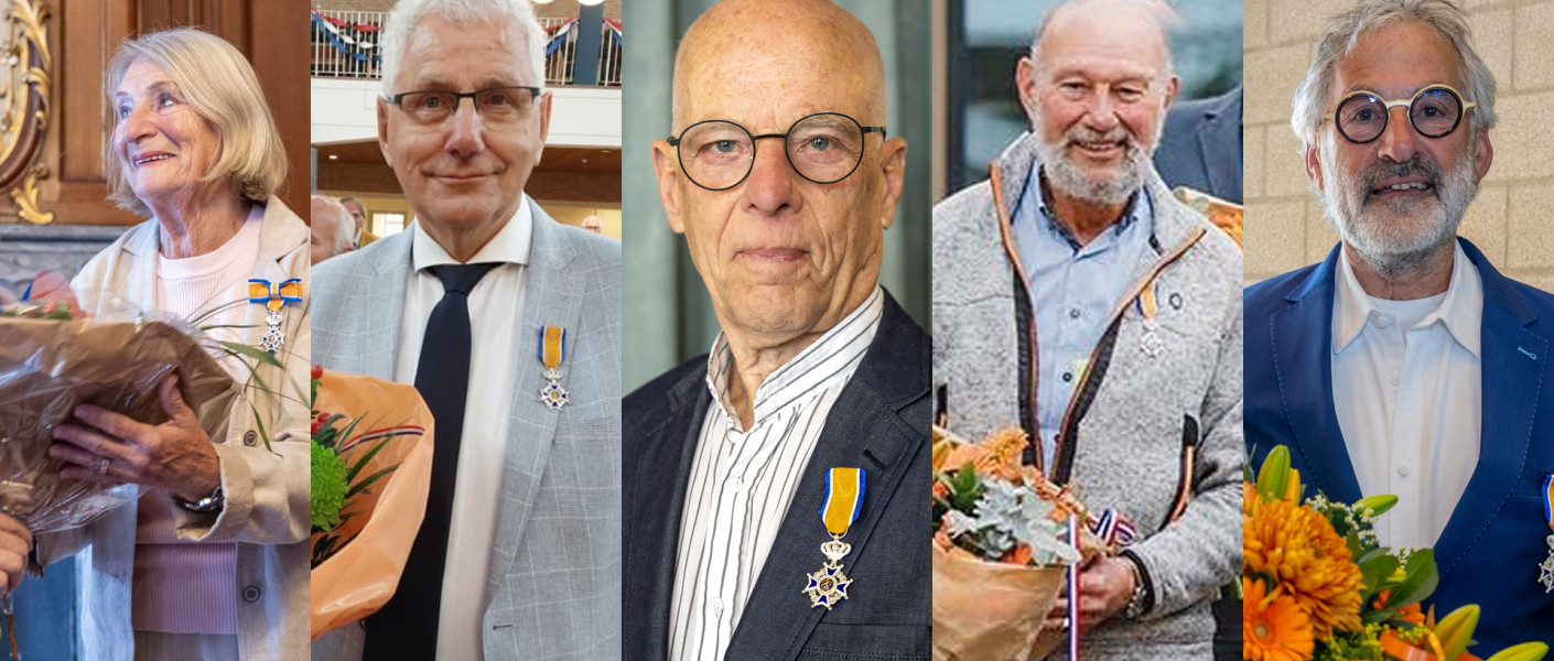 Portretten van VVN-vrijwilligers die een lintje hebben ontvangen.