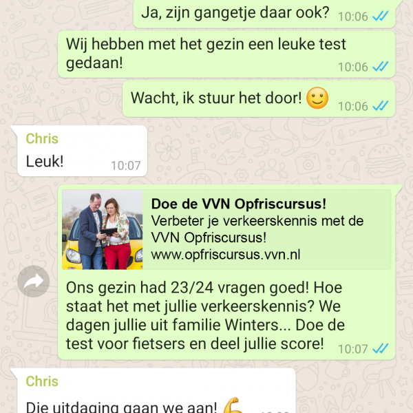 Whatsappgesprek over VVN opfrischallenge